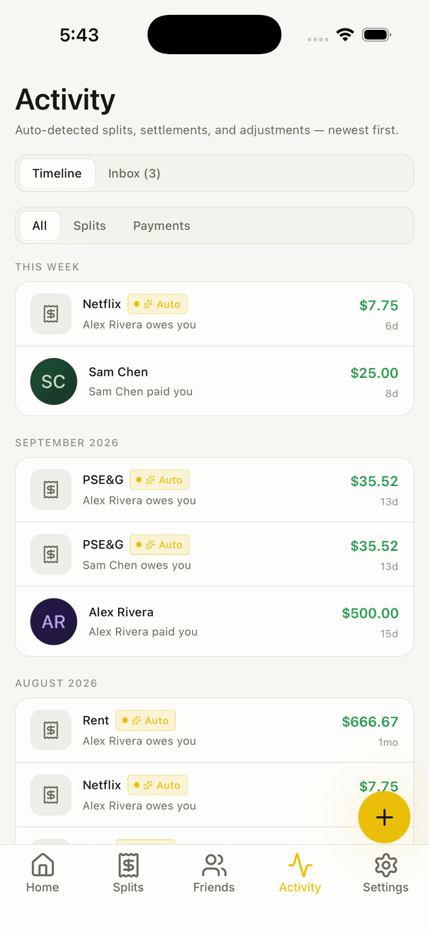 Splits app — Activity screen