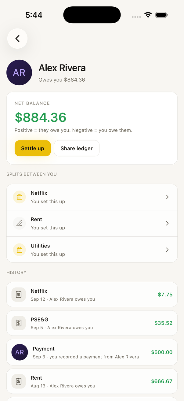 Splits app — A friend screen