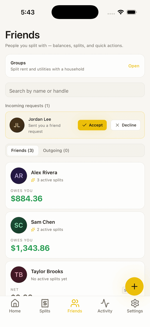 Splits app — Friends screen