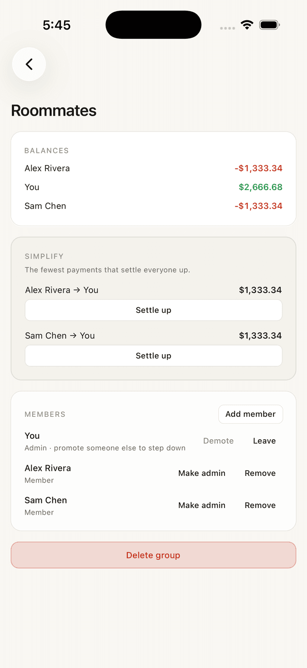 Splits app — Groups screen