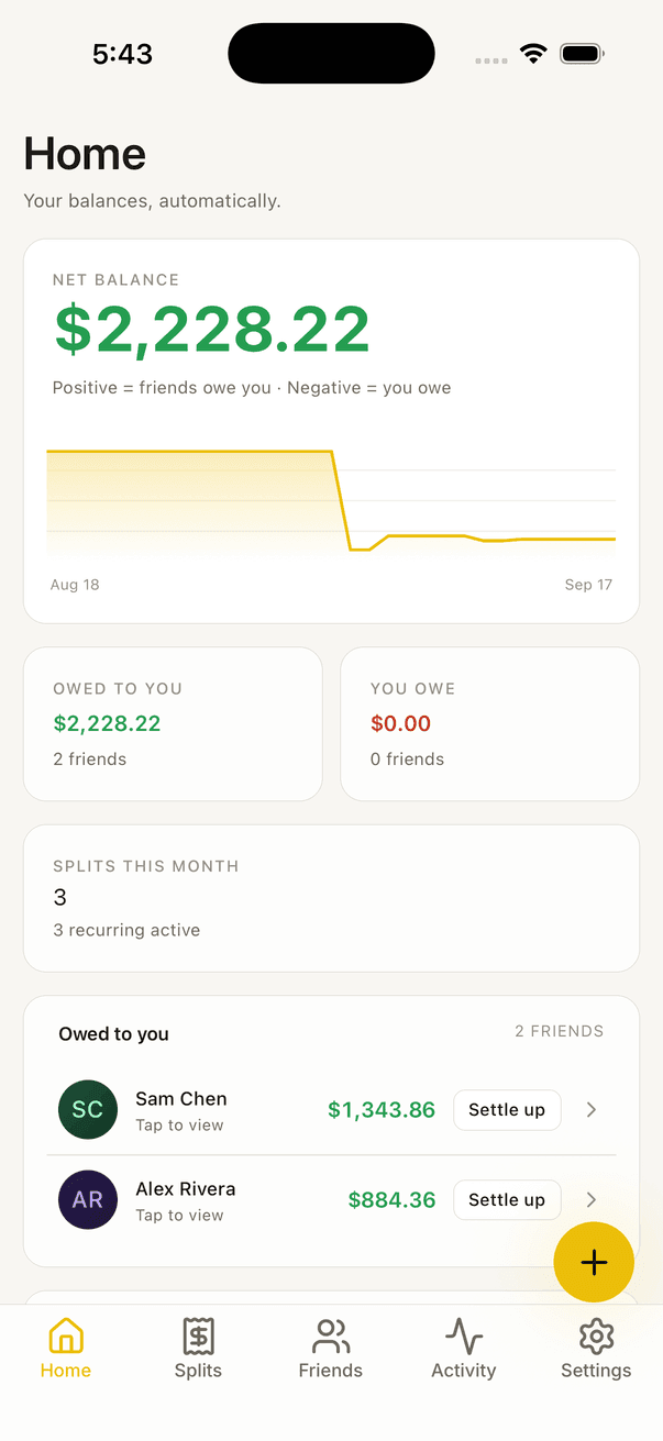 Splits app — Home screen