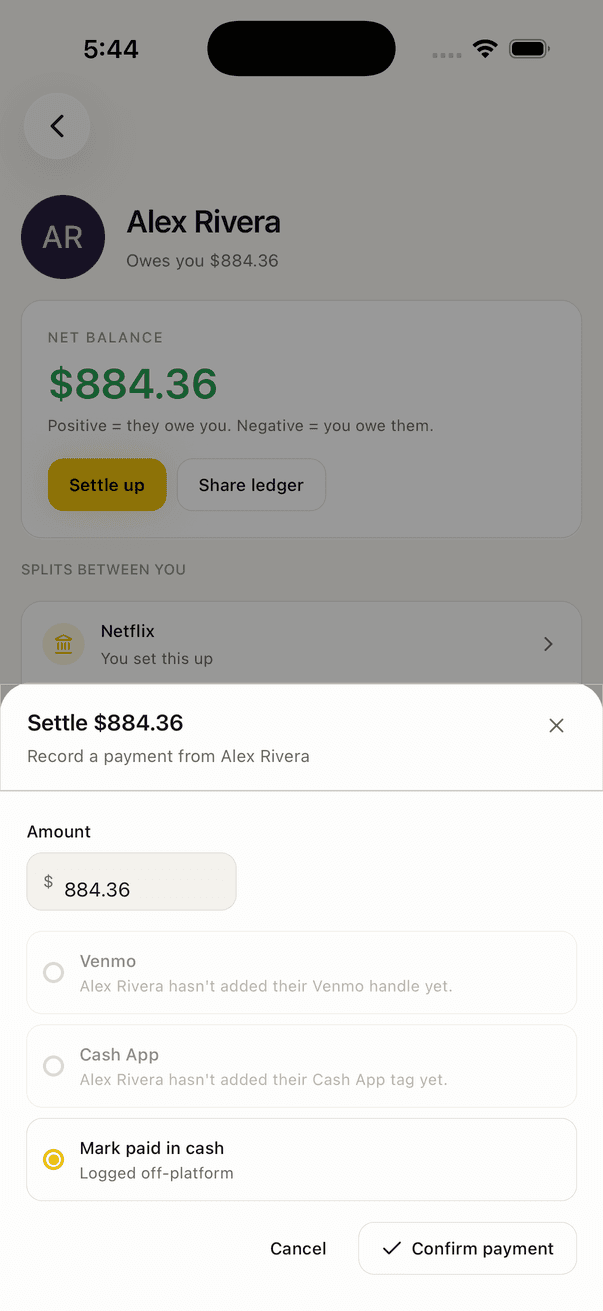 Splits app — Settle up screen