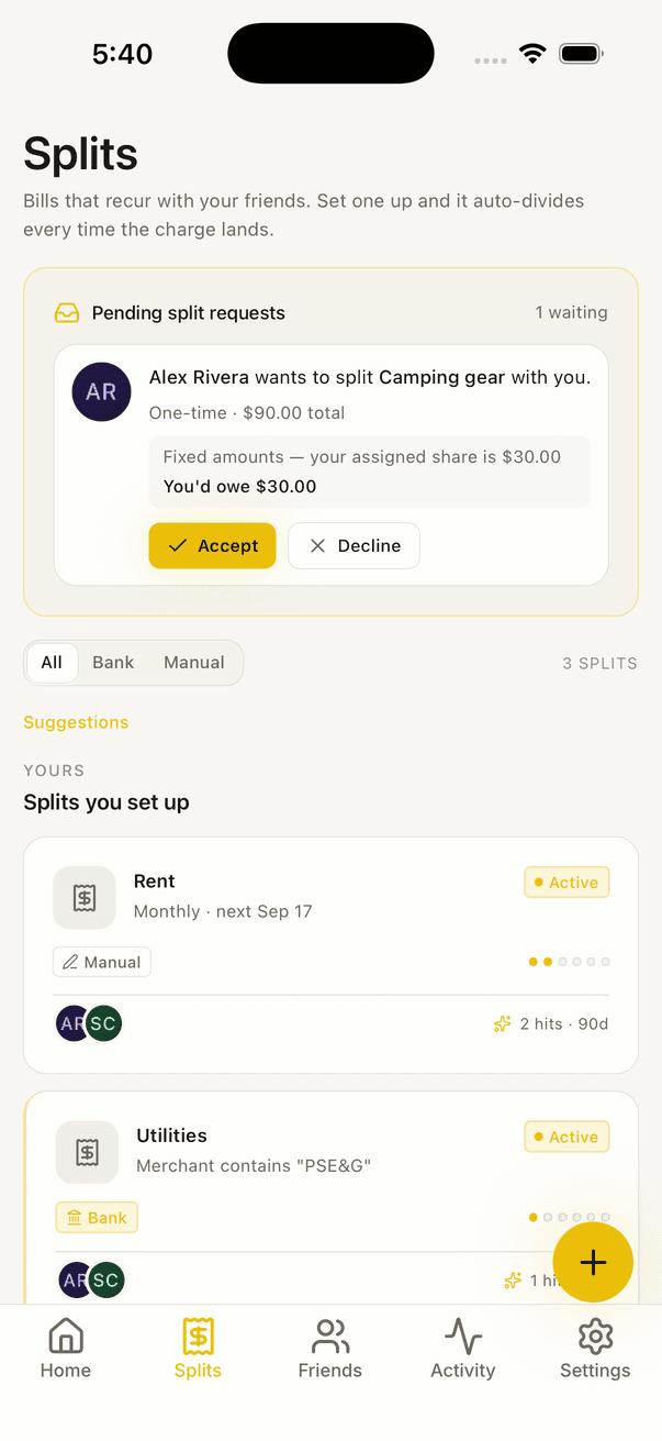 Splits app — Splits screen